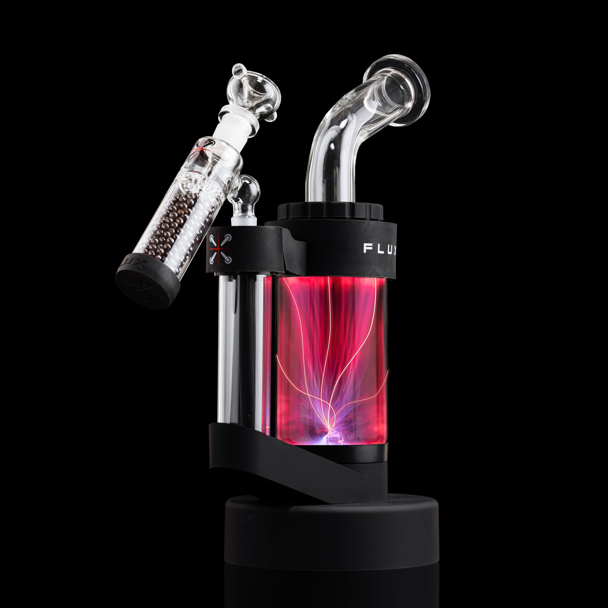 Futuristic glass water pipe with glowing plasma for FLUX Fusion Carbon Ball Filter