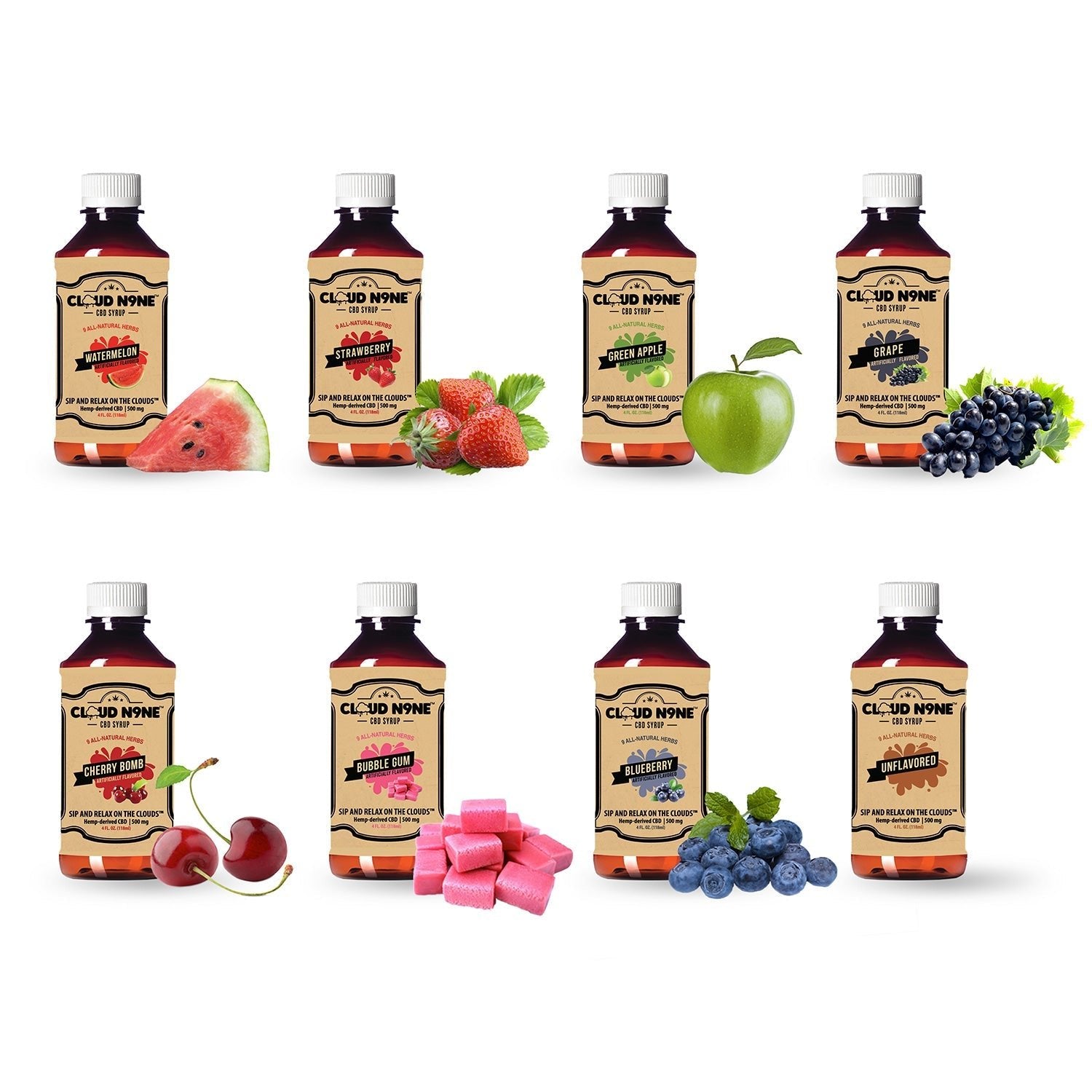 Bottled Cloud N9ne CBD Syrup with fresh fruits for a chill drink experience