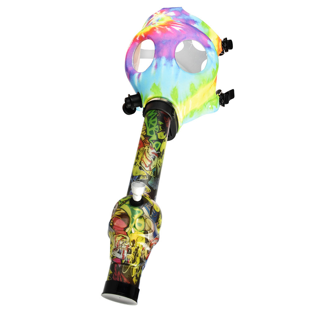 Colorful tie-dye gas mask with an acrylic water pipe attachment for ultimate fun