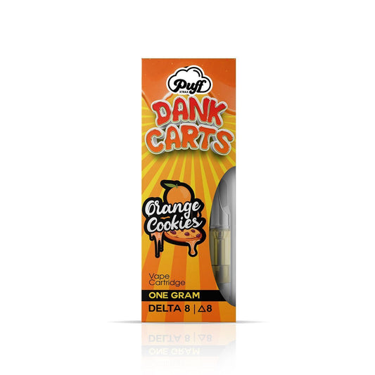 Vape cartridge packaging for Puff Xtrax Orange Cookies flavor by Dank Carts