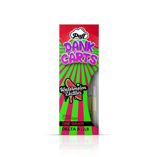 Colorful packaging for Puff Xtrax Watermelon Zkittles vape cartridge displayed