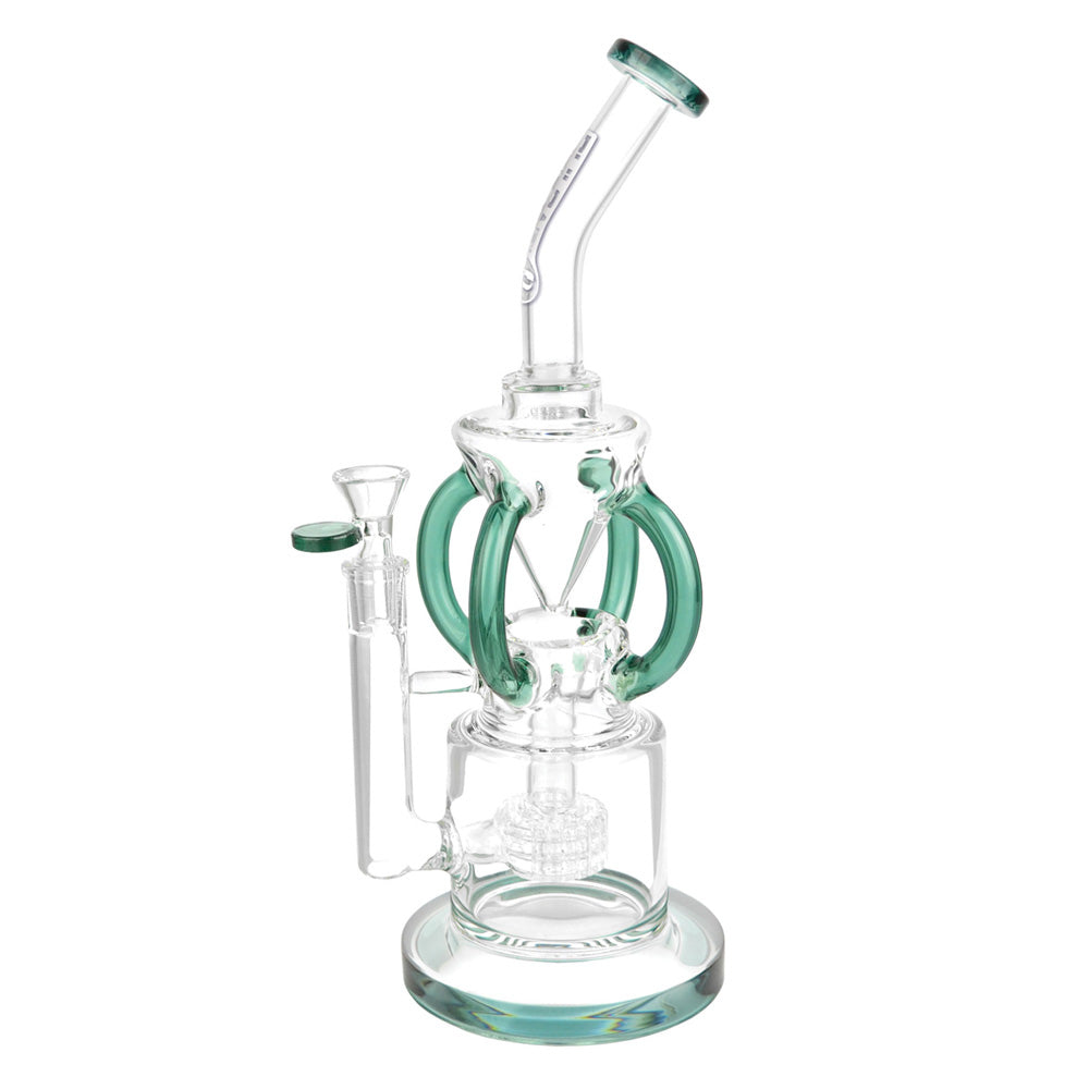 Glass water pipe with green accents and chambers, perfect for Pulsar Gravity Recycler fun