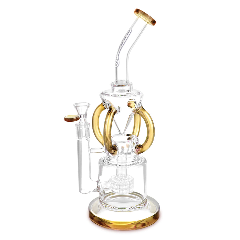 Colorful Pulsar Gravity Recycler Water Rig with curved chambers and gold accents