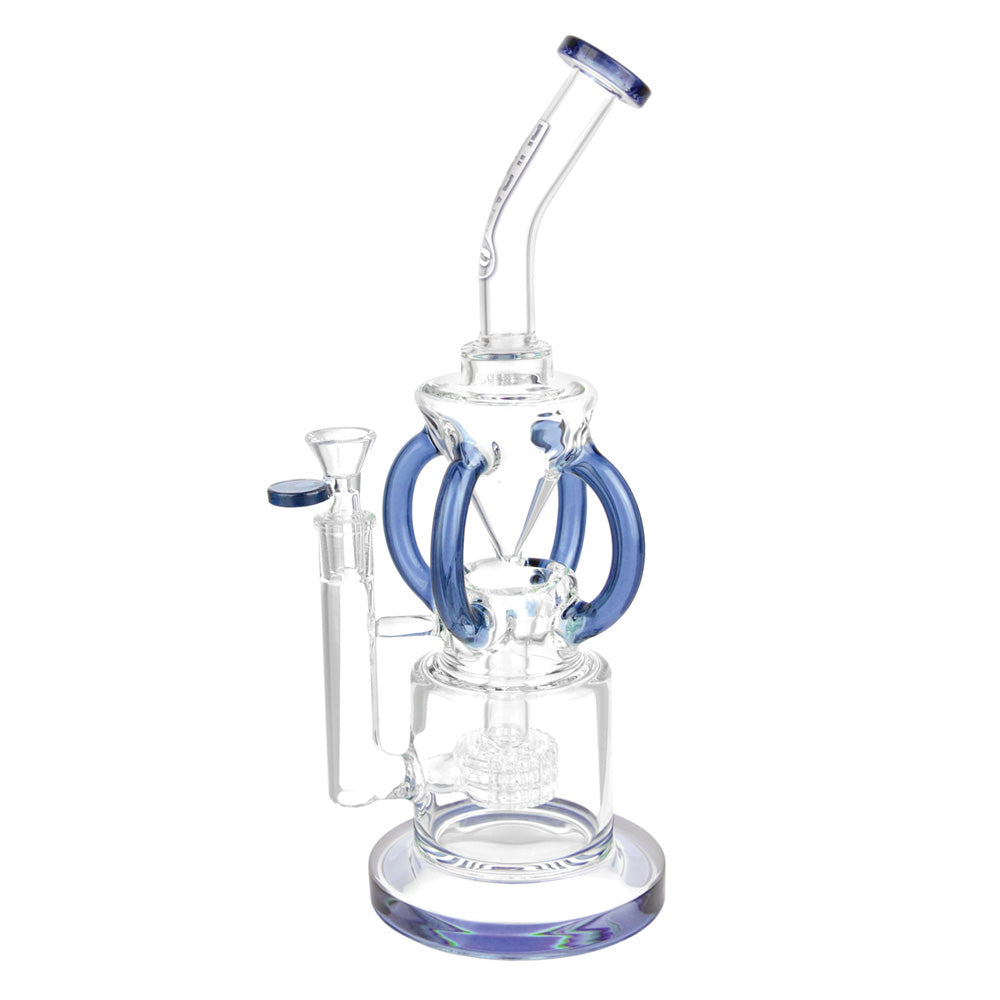 Glass water pipe with blue accents and multiple chambers in Pulsar Gravity Recycler