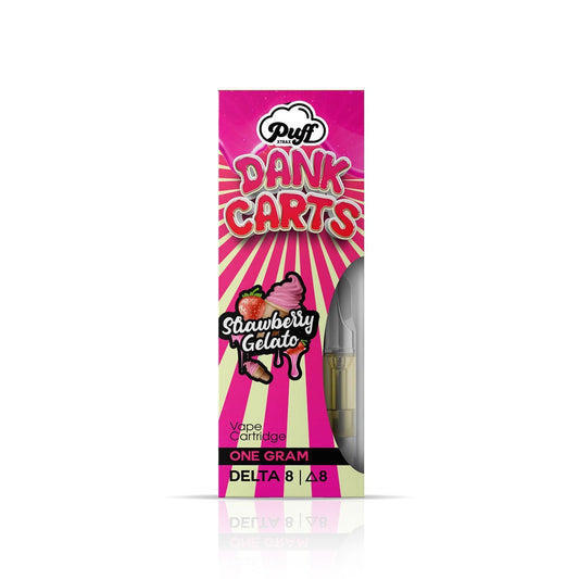 Pink Dank Carts vape cartridge in Strawberry Gelato flavor from PUFF XTRAX