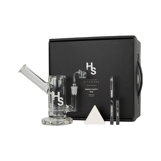 Glass water pipe kit with accessories in a black box for Higher Standards Heavy Duty Rig