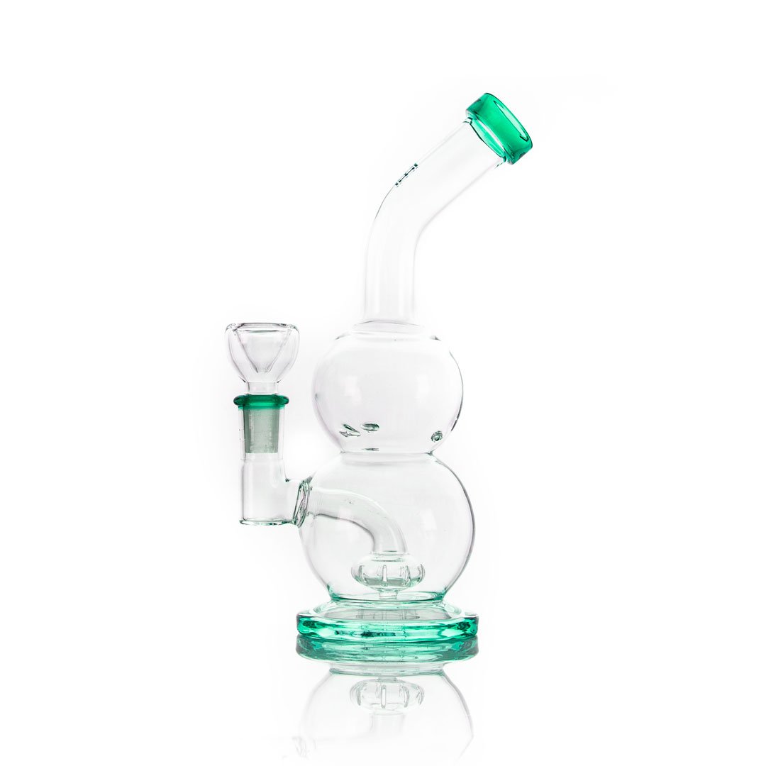 Glass water pipe with double chamber and green accents from the Hemper Tornado Rig