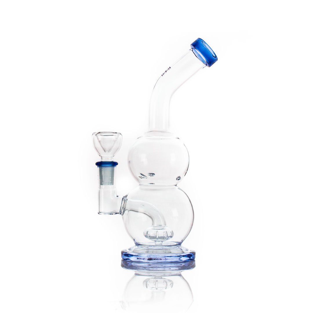 Glass water pipe featuring blue accents and double-chamber design of the Hemper Tornado Rig