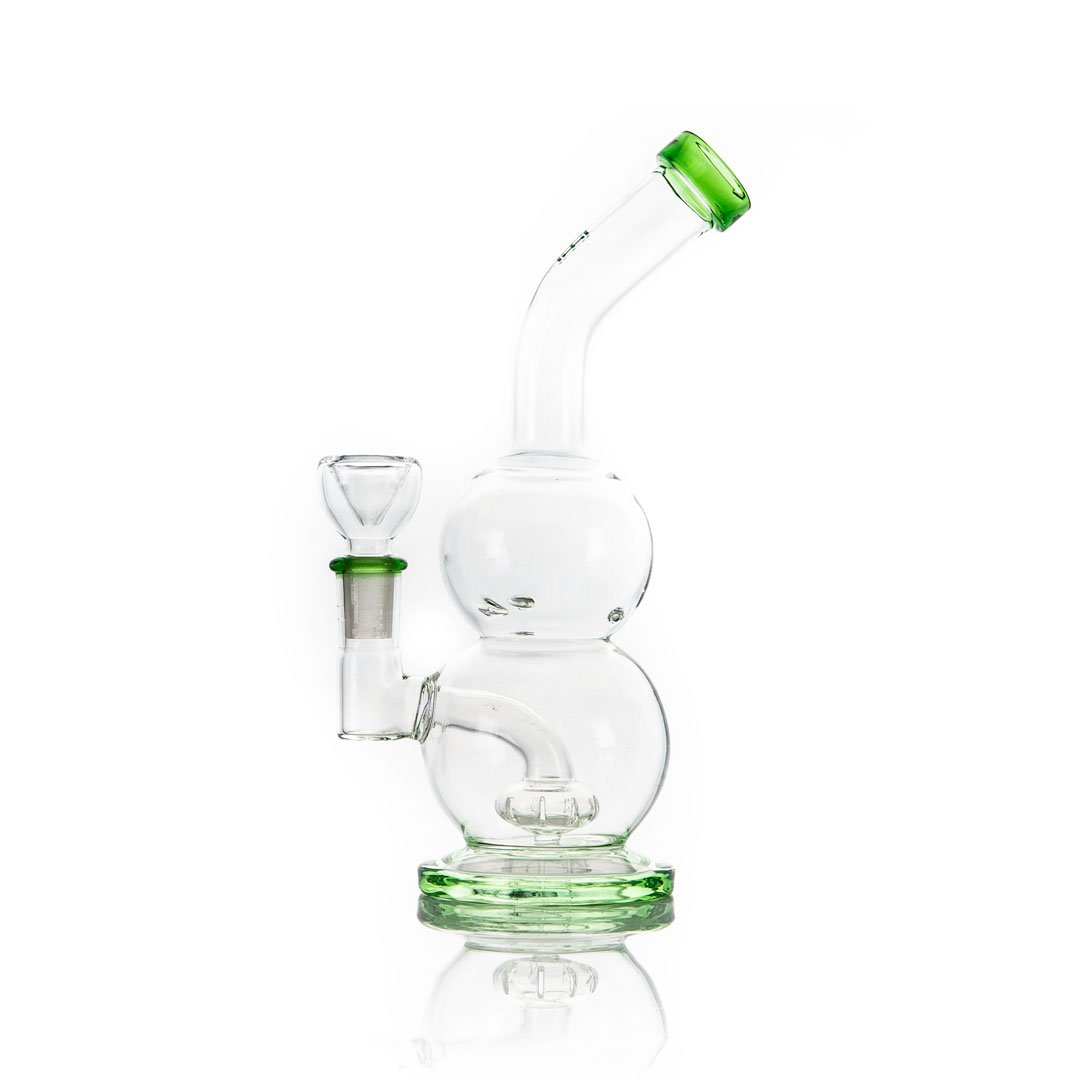 Glass water pipe with spherical chambers and green accents, Hemper Tornado Rig