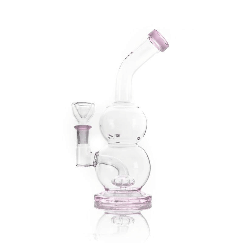 Glass water pipe with pink accents and double-chamber design for Hemper Tornado Rig