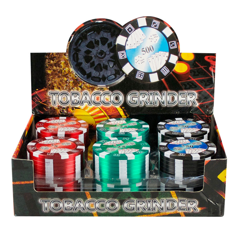 2" Metal 3pc Grinder - Poker Chip - Assorted - 12PC DISP