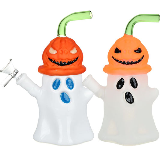 Pumpkin Head Ghost Glow In The Dark Glass Water Pipe - 7.25" / 14mm F / Colors Vary