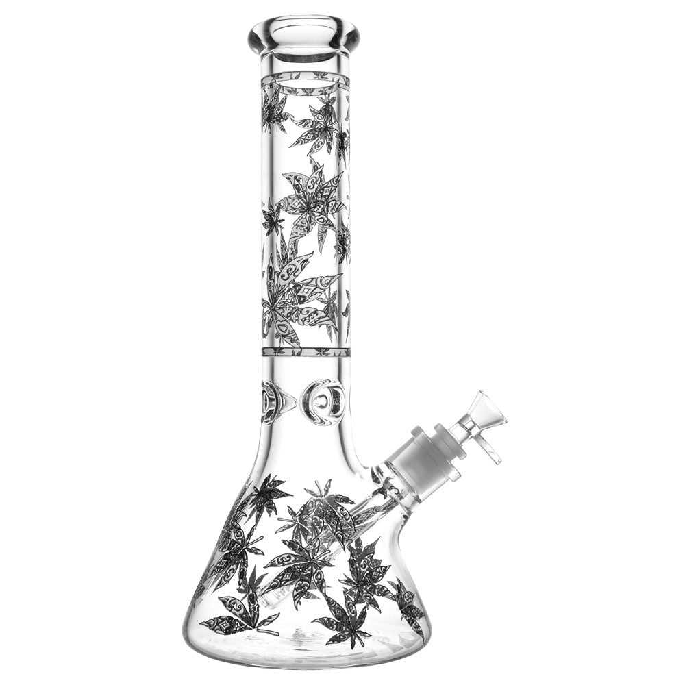 Glass bong with palm tree designs from Glow in the Dark Hemp Leaves Water Pipe