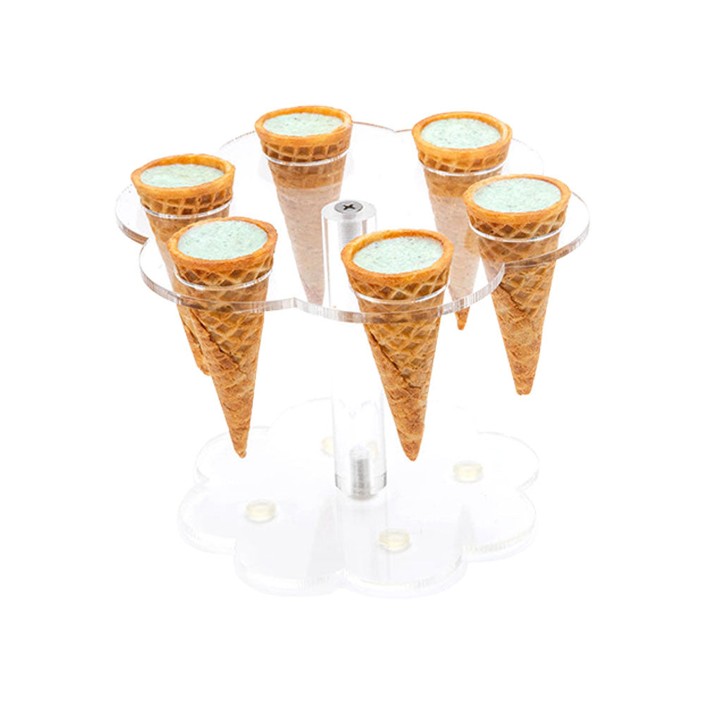 Ice cream cone holder with six waffle cones filled with mini ice cream delights