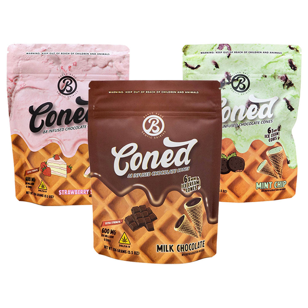 Three resealable Coned brand bags of mini ice cream in tasty flavors