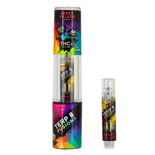 Colorful cylindrical packaging for Jerry Gelato Vape highlighting Berry Gelato Live Resin