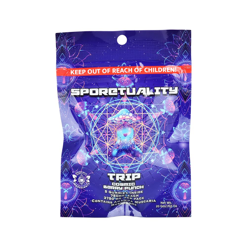 Colorful Sporotuality package with psychedelic art for Cosmic Berry Punch gummies