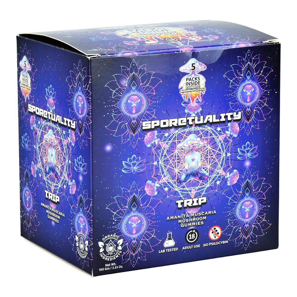 Colorful Sportuality Trip box featuring cosmic imagery next to Cosmic Berry Punch gummies