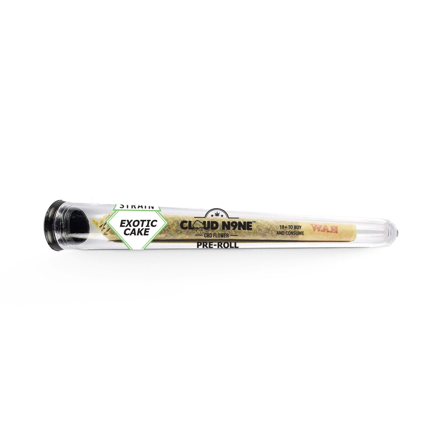 Pre-rolled cannabis joint in glass tube labeled Exotic Cake from Cloud N9ne CBD