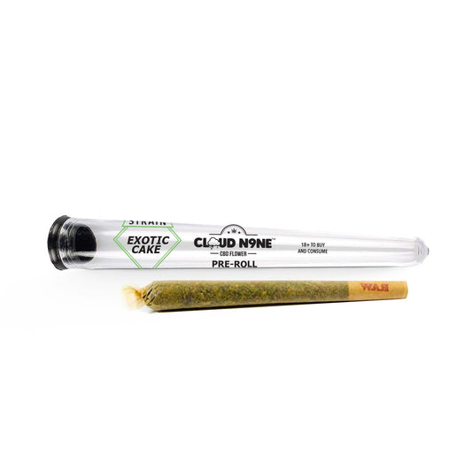 Pre-rolled Cloud N9ne CBD Exotic Cake joint in a clear glass tube container