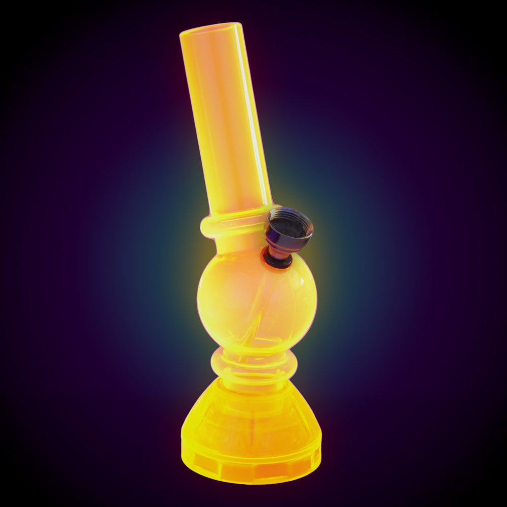 Glowing yellow acrylic water pipe with a round base and long neck for smooth hits