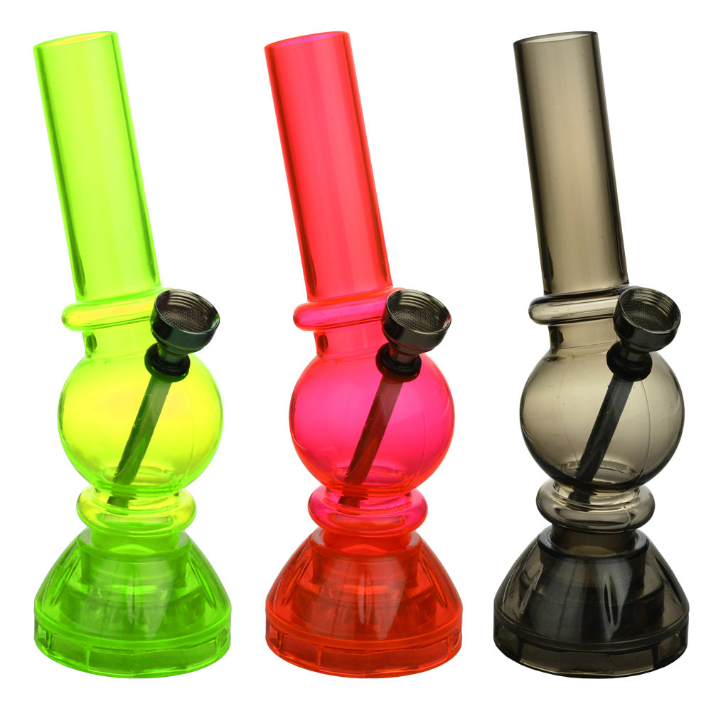 Three colorful acrylic water pipes in green, red, and gray for smooth smoking sessions