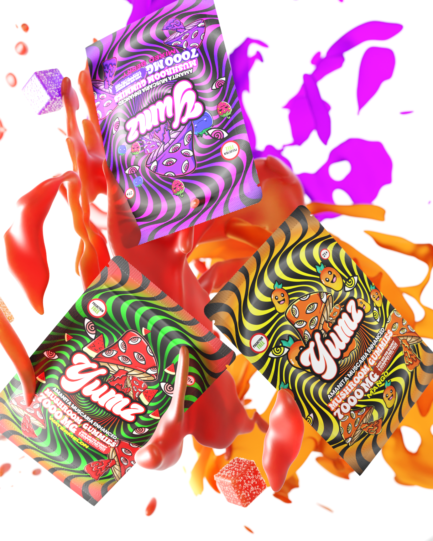 Colorful Zours candy packages with splashes of paint and Yumz Mushroom Gummies fun