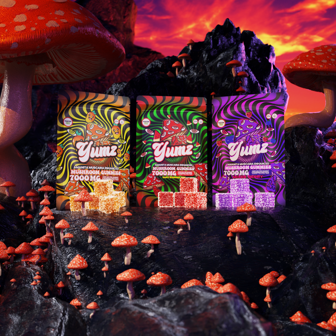 Three Yumz Mushroom Gummies packs among colorful psychedelic mushrooms in a fun display