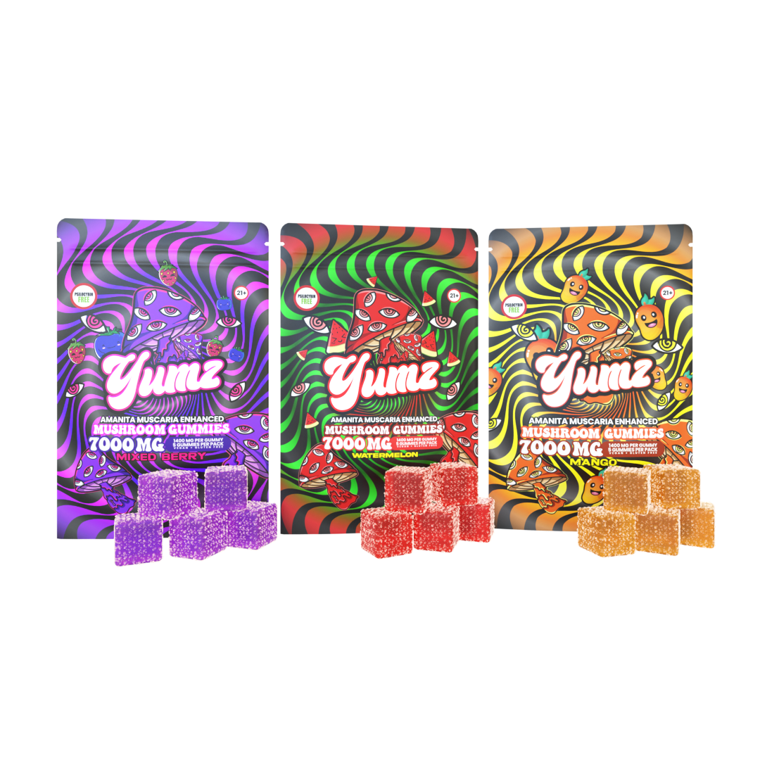 Three colorful YUMZ Mushroom Gummies packages with matching gummy cubes, pure bliss!