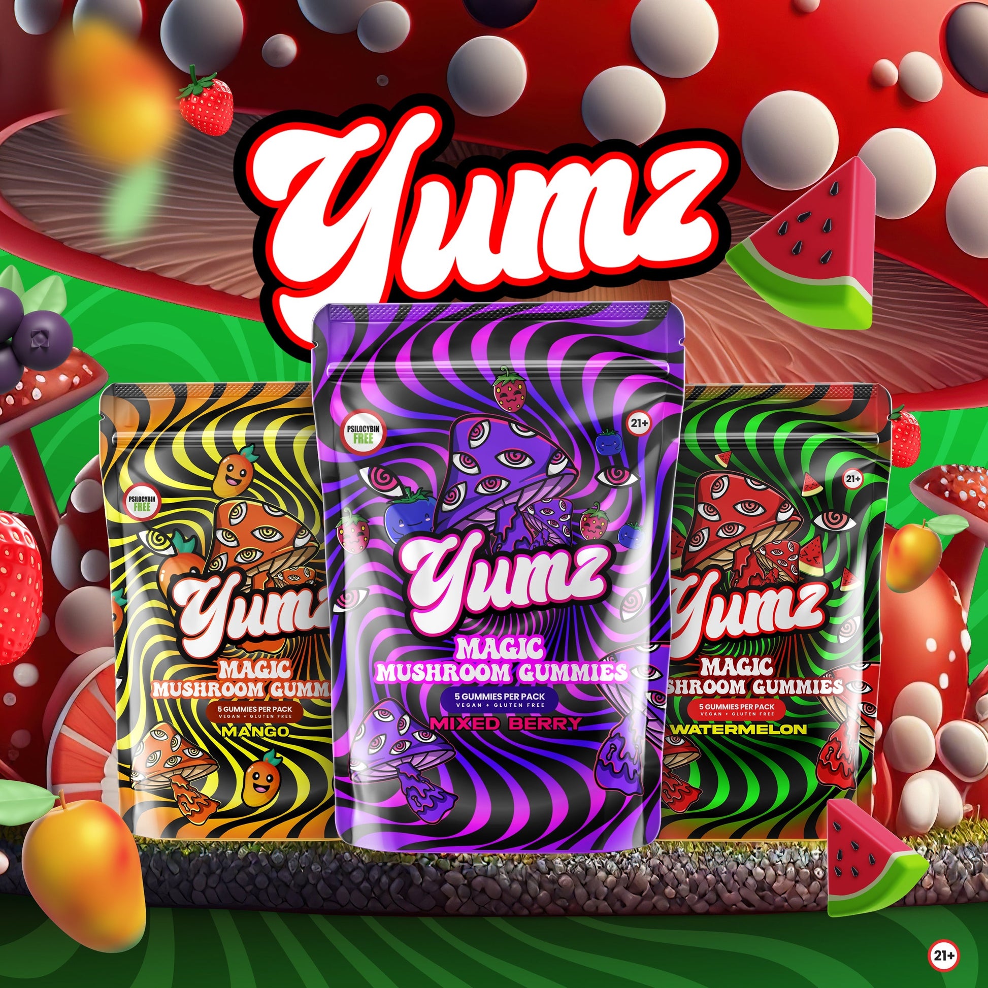 Colorful Yumz Mushroom Gummies packaging showcasing Mixed Berry Bliss flavor