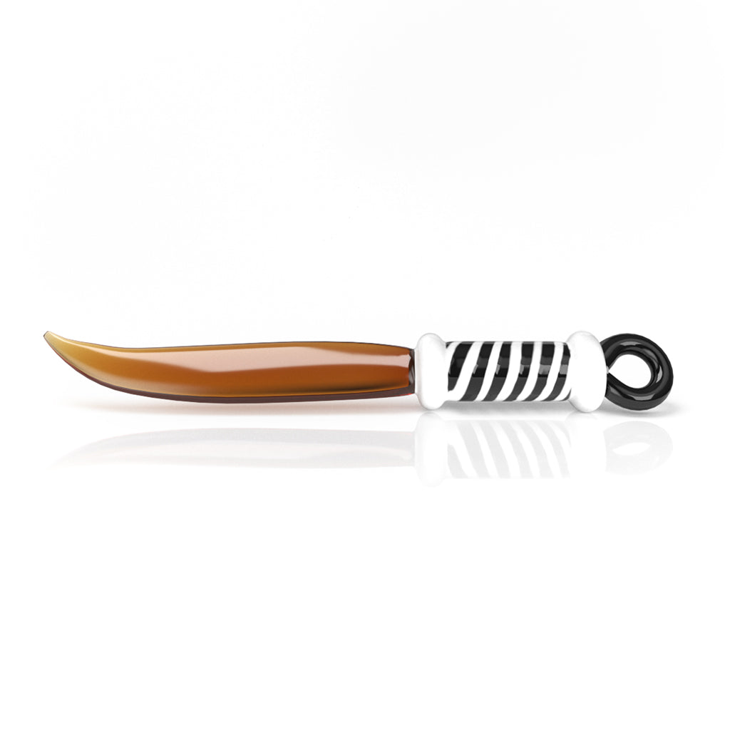 Knife with brown blade and zebra-striped handle for the ultimate dab tool experience