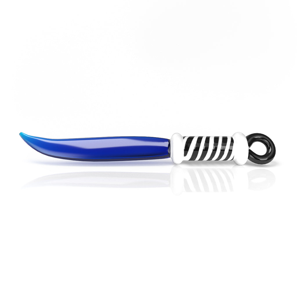 Blue-bladed sword dab tool with striped handle for flavorful concentrate use