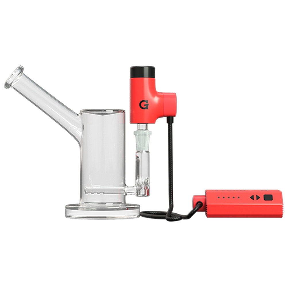 Sleek electric dab rig with glass water chamber and vibrant red heating element