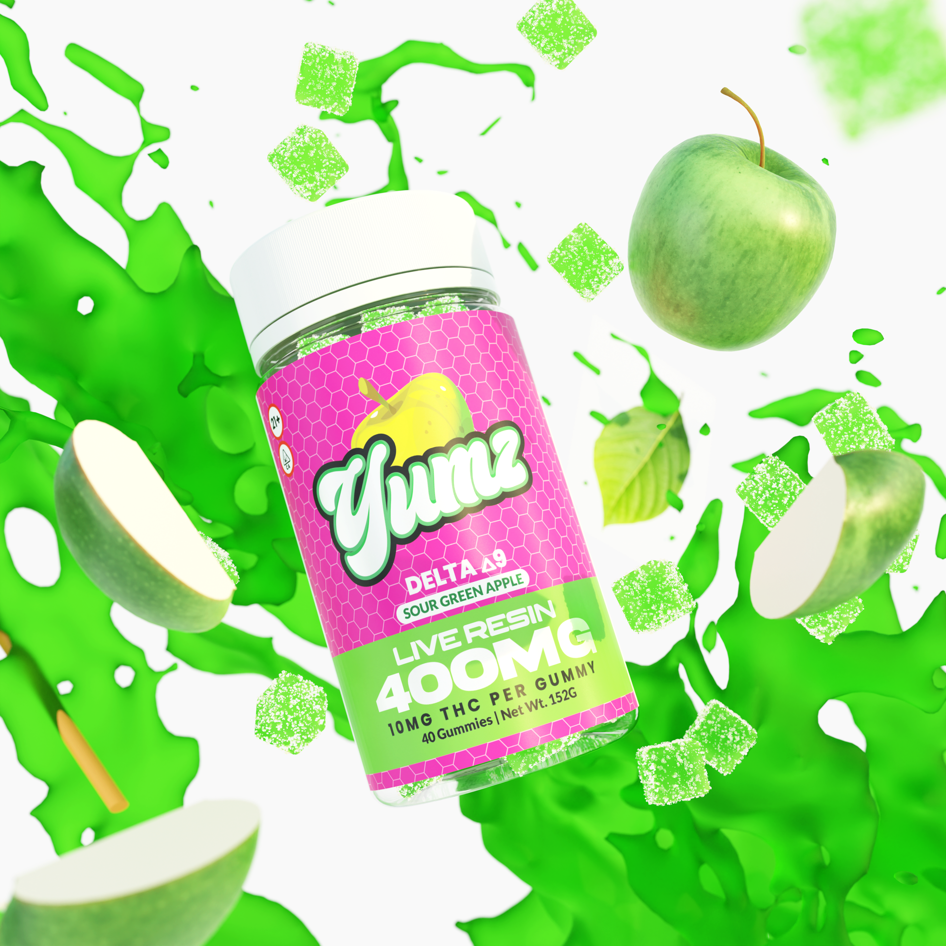 Pink and yellow Yuma beverage can with green splashes, featuring Delta-9 THC vibes