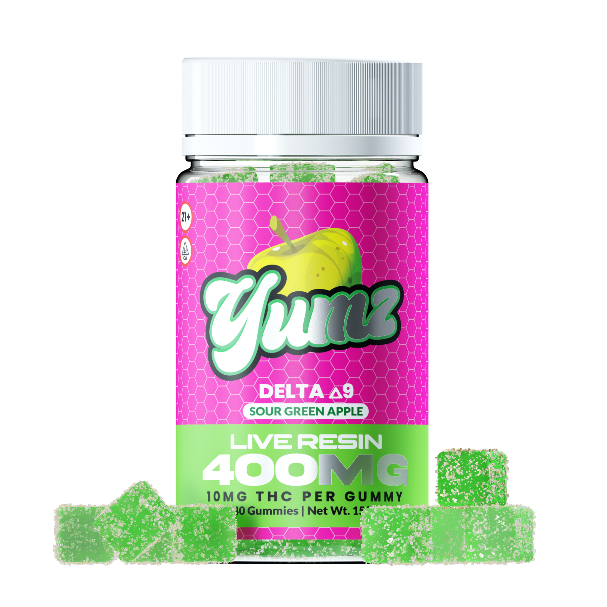 Jar of Yumz Delta-8 THC gummies with bright pink and green sour green apple packaging