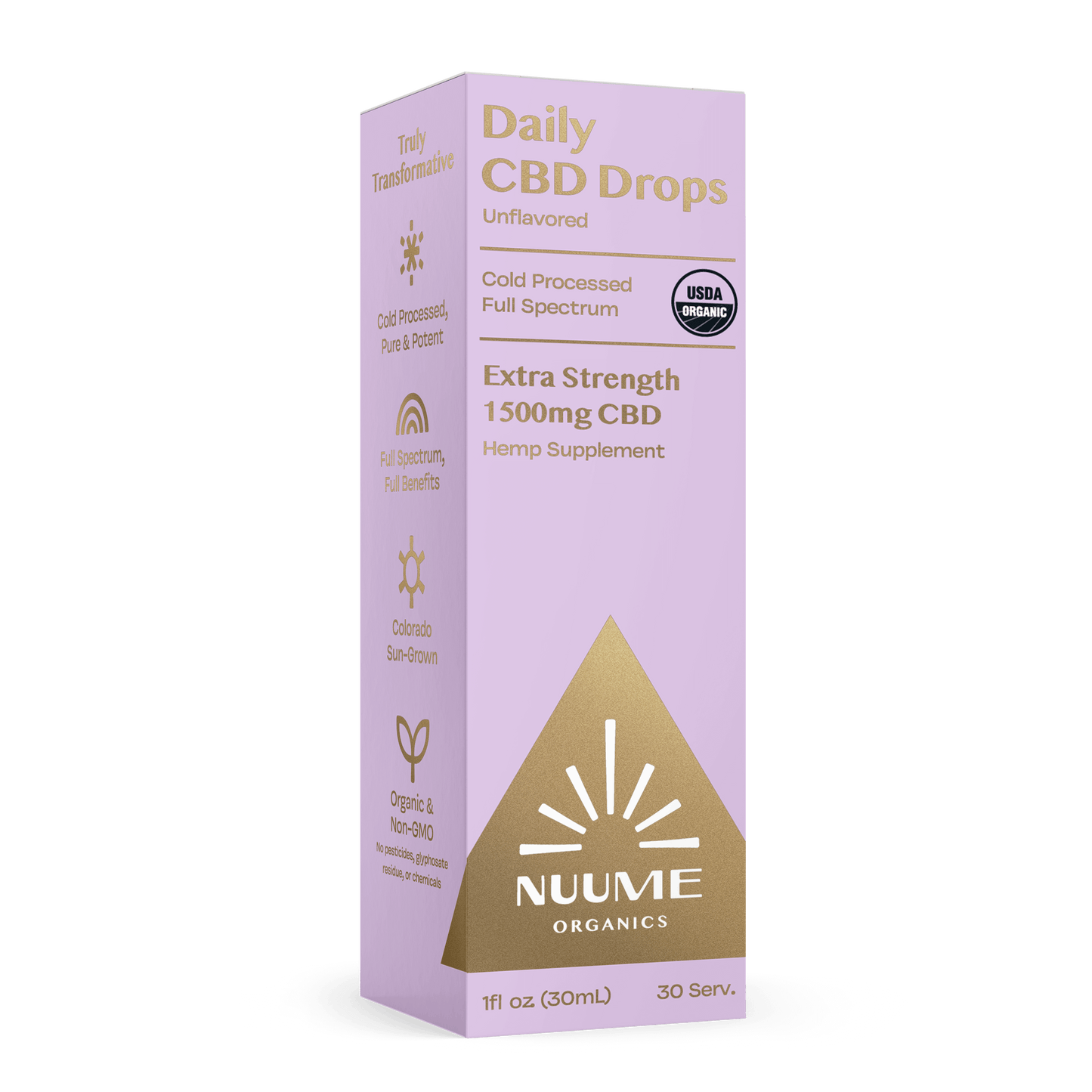 Box of Nuume Organics Daily CBD Drops with organic MCT coconut oil, 1500mg full spectrum