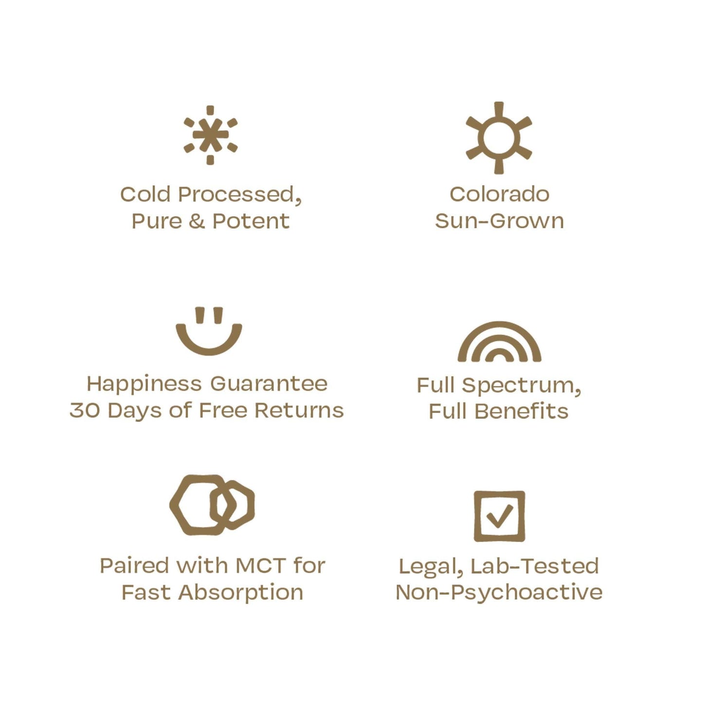 Set of six icons highlighting benefits of Organic MCT Coconut Oil Extra Strength Drops