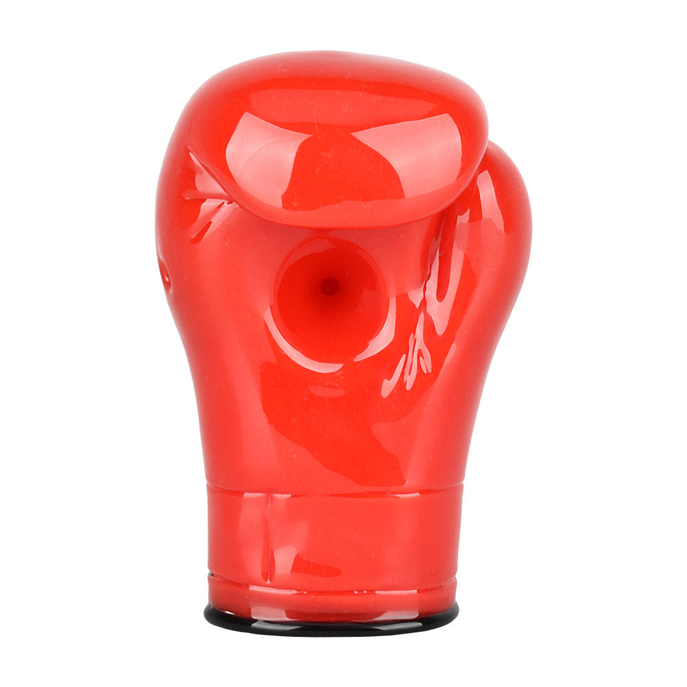 Glossy red boxing glove hand pipe showcasing unique boxing glove design for Delta 8 fans