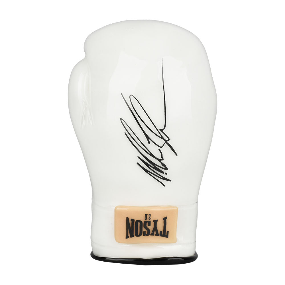 White boxing glove hand pipe featuring signature and ’TYSON’ label for stylish hits