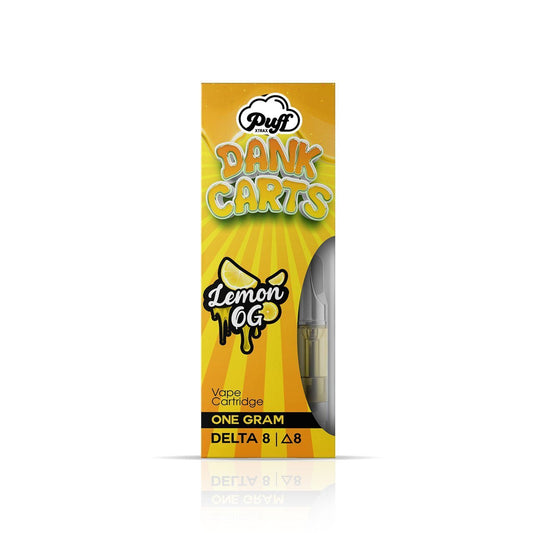 Vape cartridge package for Puff Xtrax Lemon OG Indica Dominant Hybrid flavor