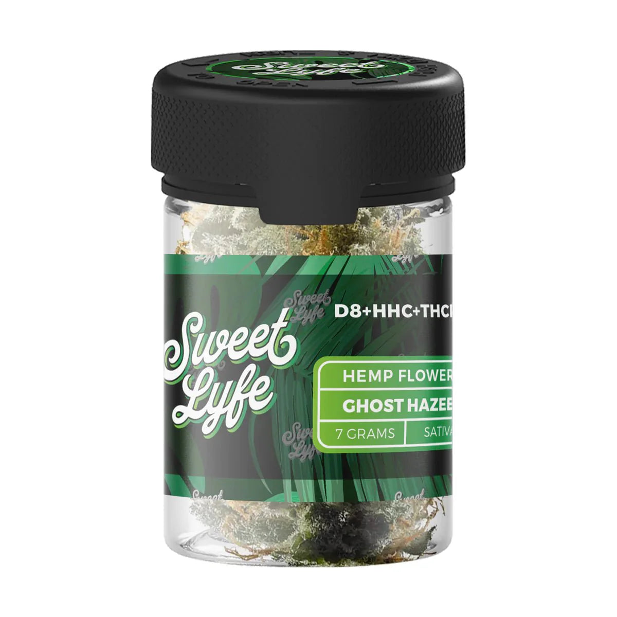 Glass jar of Sweet Life Hemp Flower from the Ghost Hazee Sativa sampler pack