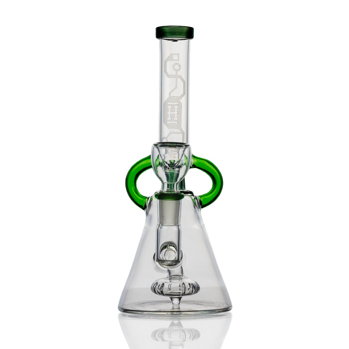 Glass water pipe with green accents and beaker base from the Hemper Cyberpunk Bong