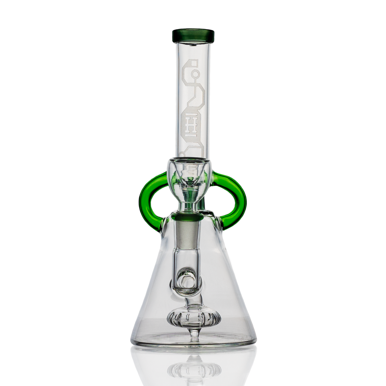 Glass water pipe with green accents and beaker base from the Hemper Cyberpunk Bong