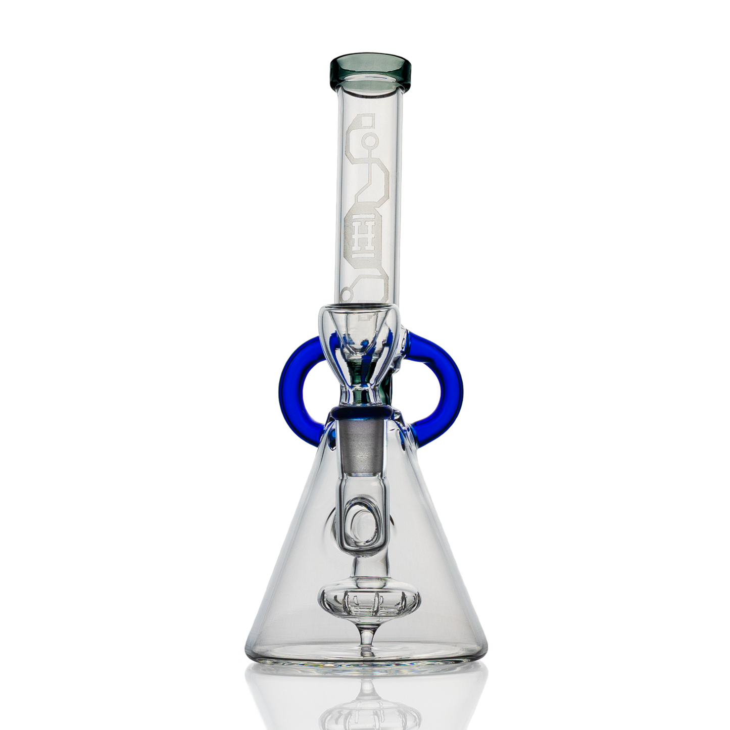 Glass beaker-shaped Hemper Cyberpunk Bong with blue handles and a percolator