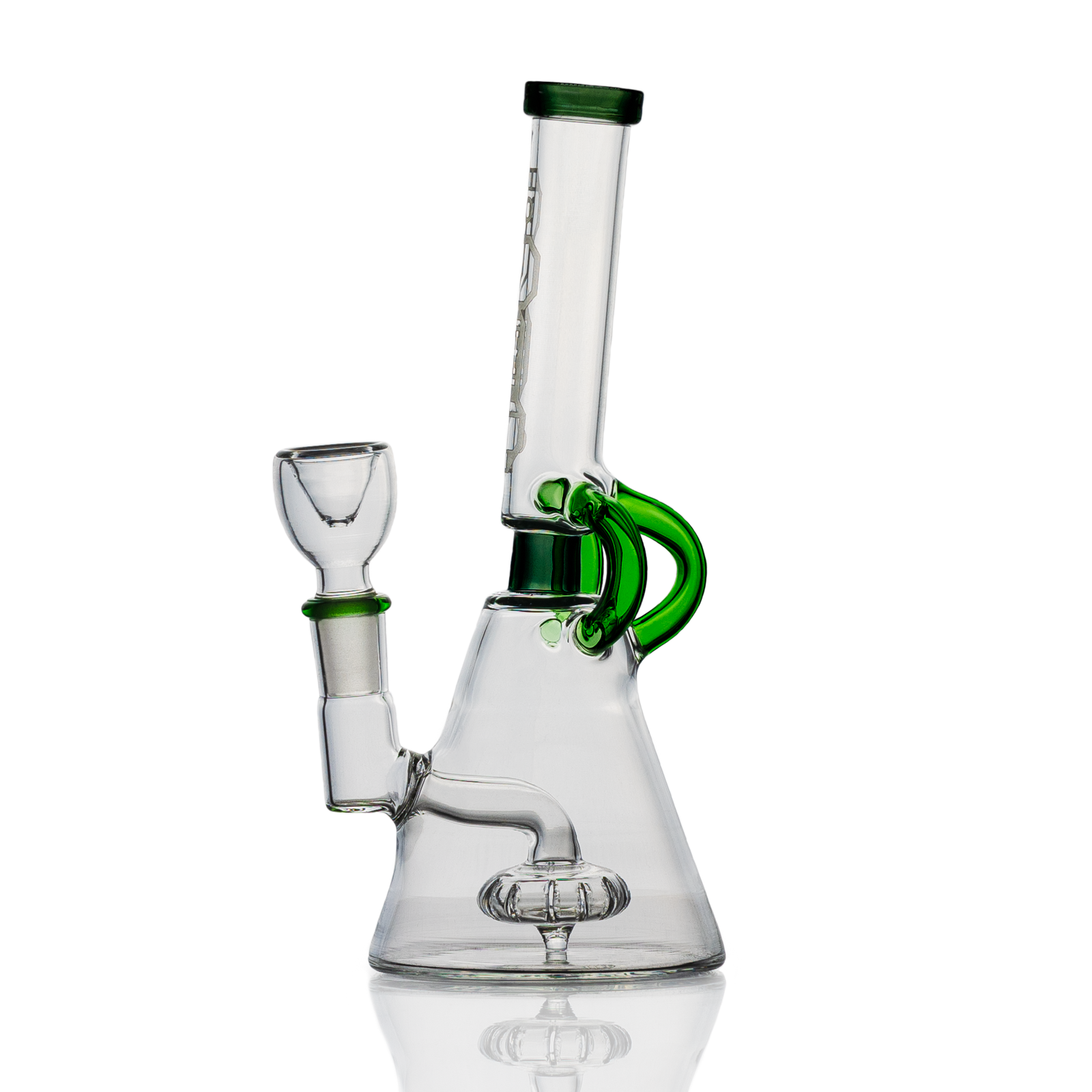 Glass water pipe with green accents and beaker base from Hemper Cyberpunk Bong