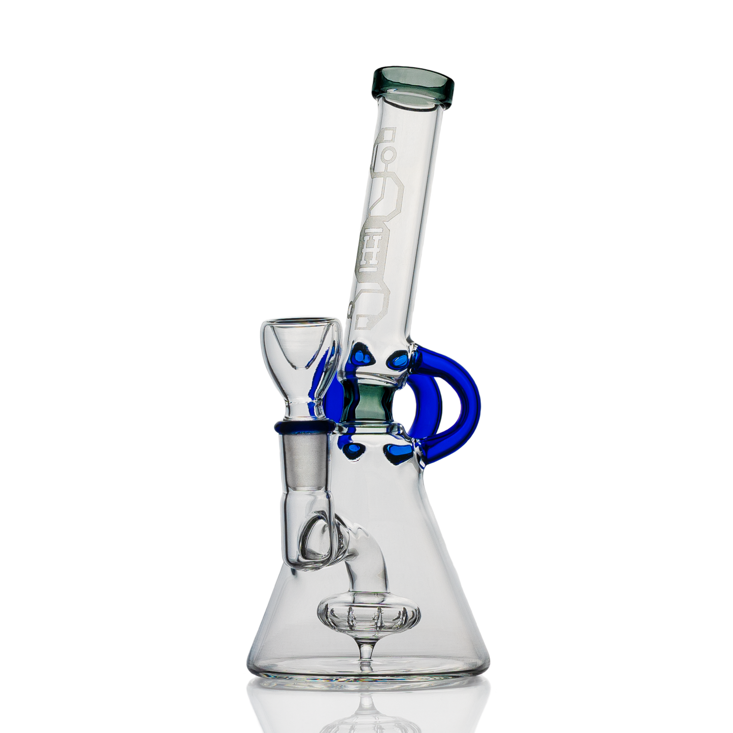 Glass water pipe with blue accents and beaker base from Hemper Cyberpunk Bong