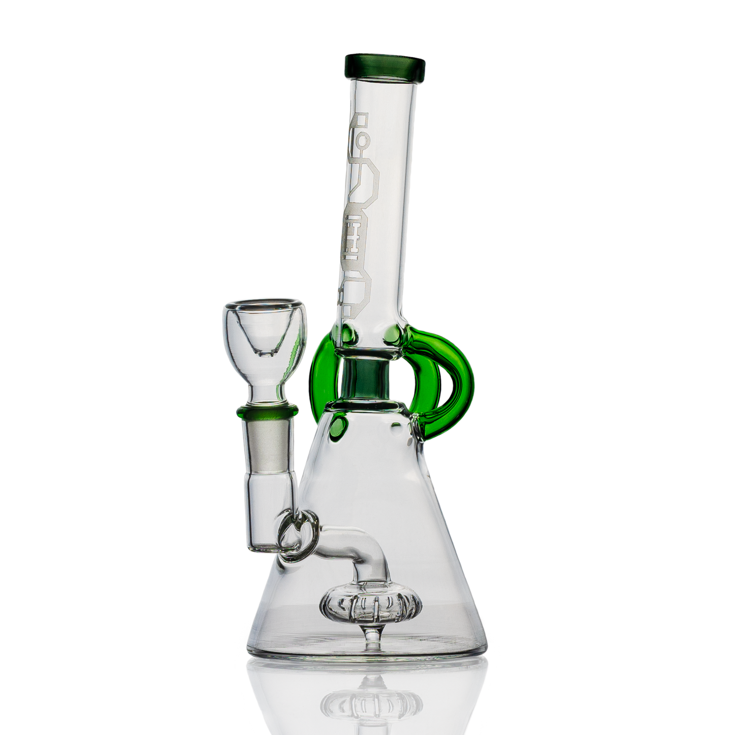 Glass water pipe with green accents in the Hemper Cyberpunk Bong design