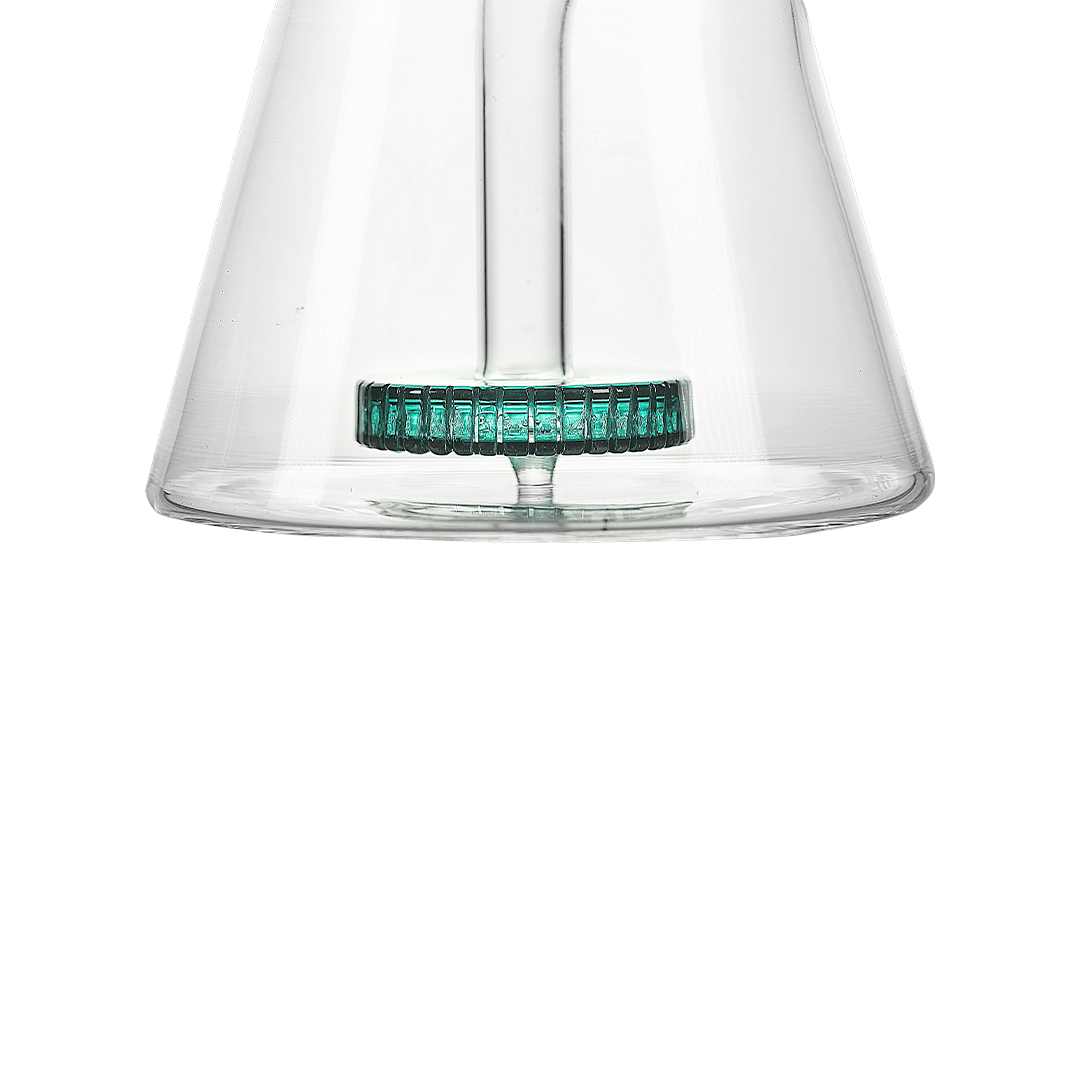 Clear glass conical flask base with green part, perfect for Hemper Beast Bong hits