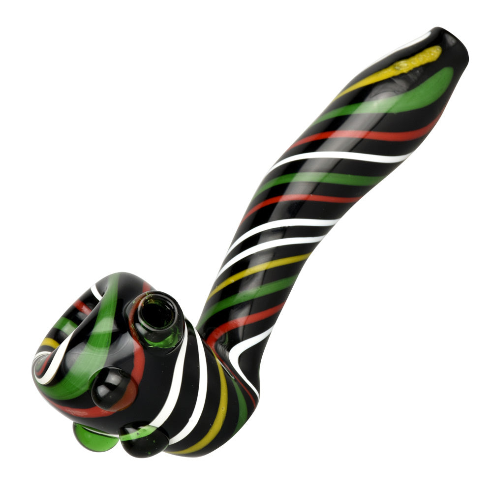 Colorful glass hand pipe in classic spoon shape featuring vibrant striped patterns